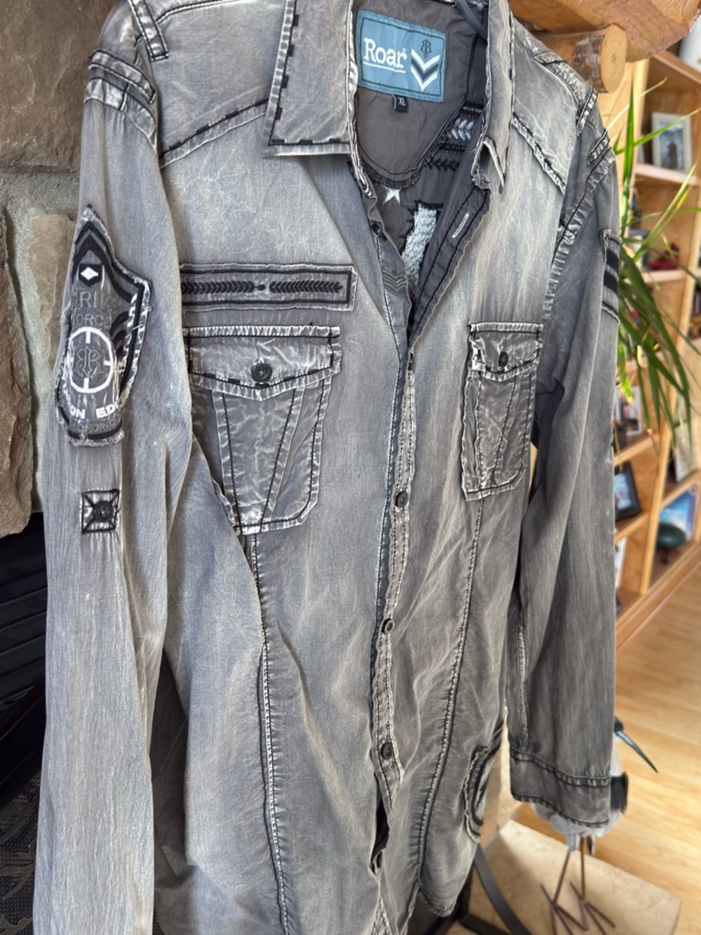 Roar Washed Gray Distressed Button-Front Shirt Jacket